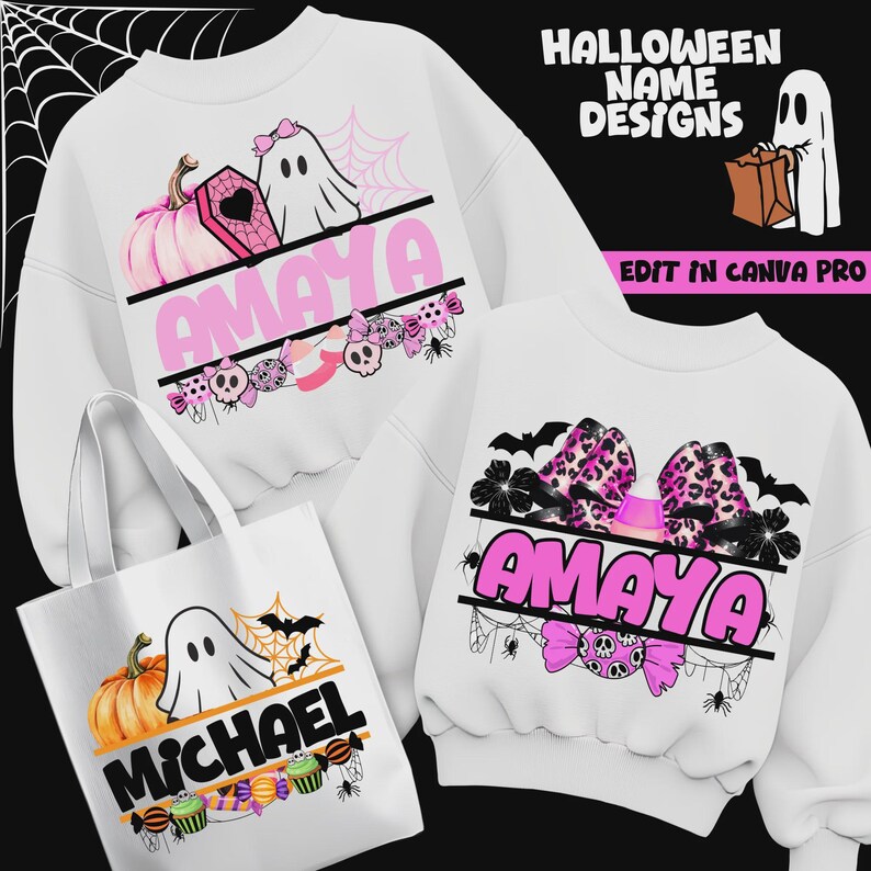 Halloween-tröjadesign | Halloween-namndesign | Halloween-mångsidigt namndesignpaket | Set med 15 anpassningsbara Canva-mallar bild 7