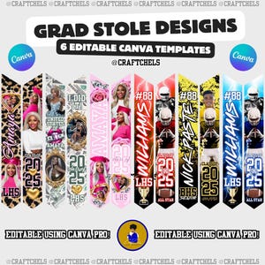 Grad Stola Vorlage | Abschluss Stola Canva Vorlage | Bearbeitbare Grad-Stola | 6er-Set - Girl & Boy Stola Designs | Grad Stola Design