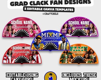 Grad Clack-fansjabloon | Canvassjabloon voor afstudeerfans – set van 5 | Bewerkbare Grad Clack-fansjablonen | Aangepaste afstuderen Clack-fan