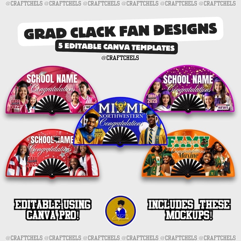 Op de afbeelding: Vijf bewerkbare Canva-sjablonen voor afstudeerfan-ontwerpen. De ontwerpen bevatten een verscheidenheid aan kleuren en bevatten de tekst "Schoolnaam Gefeliciteerd", "Miami Northwestern Gefeliciteerd", "FAMU Gefeliciteerd Maxine" en "Afstuderen 2025".