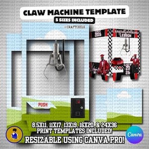 Könnte beinhalten: Digitales Greifmaschinen-Template mit dem Text „CLAW MACHINE TEMPLATE“ und „5 SIZES INCLUDED“. Enthält Druckvorlagen in 8,5x11, 11x17, 13x19, 16x20 und 24x36. Die Vorlage ist mit Canva Pro skalierbar.
