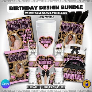 May include: A birthday design bundle with editable Canva templates. The design features a leopard print theme with pink and gold accents. Includes party favors, water bottle labels, and a large cup, all personalized with the name "Madison Nicole".