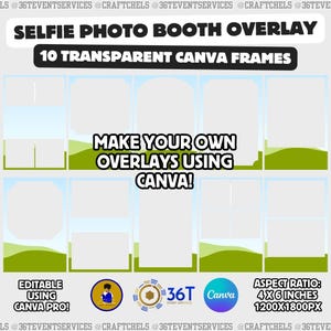May include: A graphic promoting selfie photo booth overlays. The design features 10 transparent Canva frames with text that reads "Selfie Photo Booth Overlay" and "Make Your Own Overlays Using Canva!" The aspect ratio is 4 x 6 inches, 1200 x 1800px.
