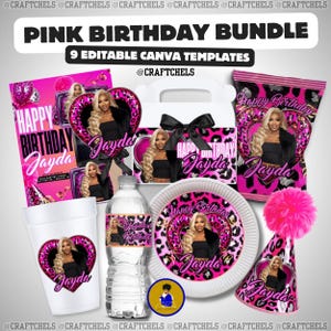K&ouml;nnte beinhalten: Ein pinkfarbenes Geburtstags-Party-Bundle mit dem Text "Pink Birthday Bundle" und "9 Editable Canva Templates". Das Bundle enth&auml;lt eine Vielzahl von Artikeln wie eine Partyh&uuml;te, Teller, eine Wasserflasche und eine Geschenkbox, alle mit einem Foto einer Frau.