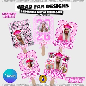 ピンクの卒業式用扇子テンプレート | 卒業式用扇子 Canva テンプレート – 5枚セット | 編集可能な卒業式用扇子テンプレート | カスタム卒業式用パドル扇子