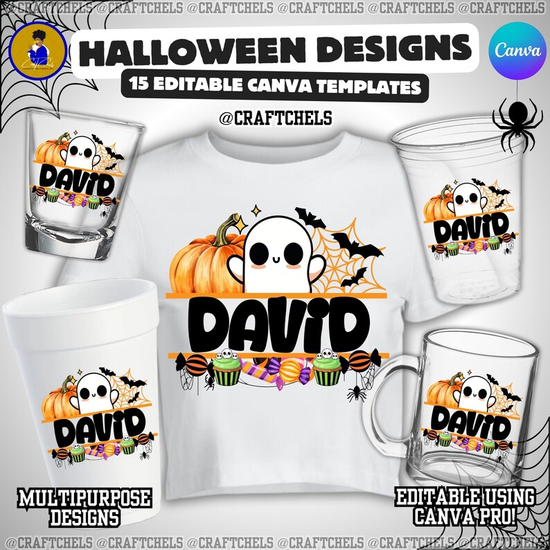 Halloween-tröjadesign | Halloween-namndesign | Halloween-mångsidigt namndesignpaket | Set med 15 anpassningsbara Canva-mallar bild 4