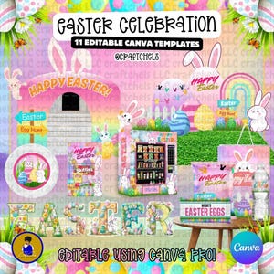 Può includere: Una grafica colorata a tema pasquale con il testo "Easter Celebration" e "11 Editable Canva Templates". Il design include uova di Pasqua, coniglietti e le parole "Happy Easter!" e "Easter Eggs."