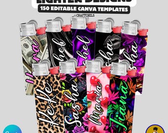 150 lichtere canvassjablonen voor etiketten | Bewerkbare lichtere omslagontwerpen | Mockup voor zelfgemaakt aanstekerlabel + sjabloonbundel | Past op BIC-aanstekers