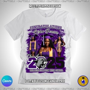 May include: White t-shirt with a purple and black graduation design. The design includes the text "Congratulations Risha Benson", "Class of 2025", and "College Station High School". The shirt also features images of a graduate.
