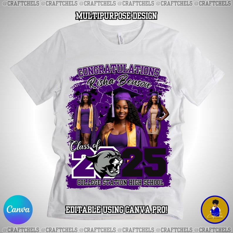 May include: White t-shirt with a purple and black graduation design. The design includes the text "Congratulations Risha Benson", "Class of 2025", and "College Station High School". The shirt also features images of a graduate.