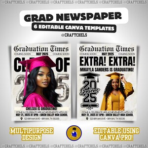 Pode incluir: Modelo de jornal de formatura com dois designs. Um apresenta uma mulher com um chap&eacute;u de formatura rosa, o outro uma mulher com um chap&eacute;u dourado. O texto inclui "Graduation Times", "Extra! Extra!" e "Chelsea is Graduating!" e "Mikayla Sanders is Graduating!"