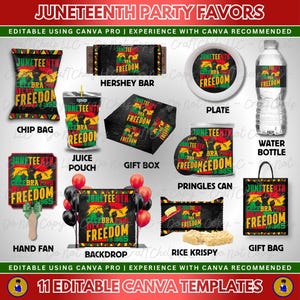 May include: A collection of Juneteenth party favor templates including a chip bag, Hershey bar wrapper, plate, water bottle label, juice pouch, gift box, Pringles can label, hand fan, backdrop, Rice Krispy wrapper, and gift bag with red, black, and green graphics.