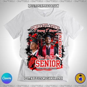 May include: White t-shirt with a graduation design. The design includes the words "Congratulations," "You Did It," and "Senior." It features two images of a graduate, the year 2025, and a red horse graphic. The shirt is labeled "Turner High School."