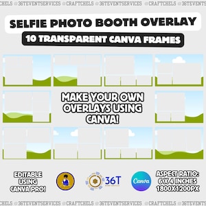 May include: A graphic promoting a selfie photo booth overlay with the text "SELFIE PHOTO BOOTH OVERLAY" and "10 TRANSPARENT CANVA FRAMES." It includes instructions to "MAKE YOUR OWN OVERLAYS USING CANVA!" and is "EDITABLE USING CANVA PRO!" The aspect ratio is 6 x 4 inches, 1800x1200px.