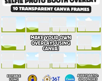 May include: A graphic promoting a selfie photo booth overlay with the text "SELFIE PHOTO BOOTH OVERLAY" and "10 TRANSPARENT CANVA FRAMES." It includes instructions to "MAKE YOUR OWN OVERLAYS USING CANVA!" and is "EDITABLE USING CANVA PRO!" The aspect ratio is 6 x 4 inches, 1800x1200px.
