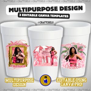 Modello di adesivo per bicchieri di polistirolo / Set di 3 modelli Canva per celebrazioni / Pacchetto di design per magliette, tazze e bottoni