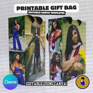 以下が含まれることがあります： さまざまな服装の女性の画像がプリントされたギフトバッグ。バッグには黒いハンドルがあり、「PRINTABLE GIFT BAG」と「EDITABLE CANVA TEMPLATES」というテキストが書かれています。 Canvaのロゴが表示されています。