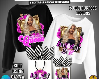 May include: Black and white sweatshirts with a graphic of a woman in a gold frame, surrounded by pink roses. The text "Birthday Queen" and "Birthday Girl" are displayed. Gift bags with the same design are also shown. The image includes the text "Edit Using Canva Pro".