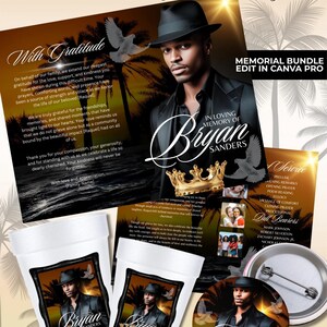 May include: Memorial bundle featuring a portrait of a person in a black hat and suit, with the text "In Loving Memory of Bryan Sanders." Includes a flyer, cups, and a button with the same image and text. The words "A Beautiful Story" are at the top.