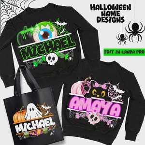 Halloween-tröjadesign | Halloween-namndesign | Halloween-mångsidigt namndesignpaket | Set med 15 anpassningsbara Canva-mallar bild 8
