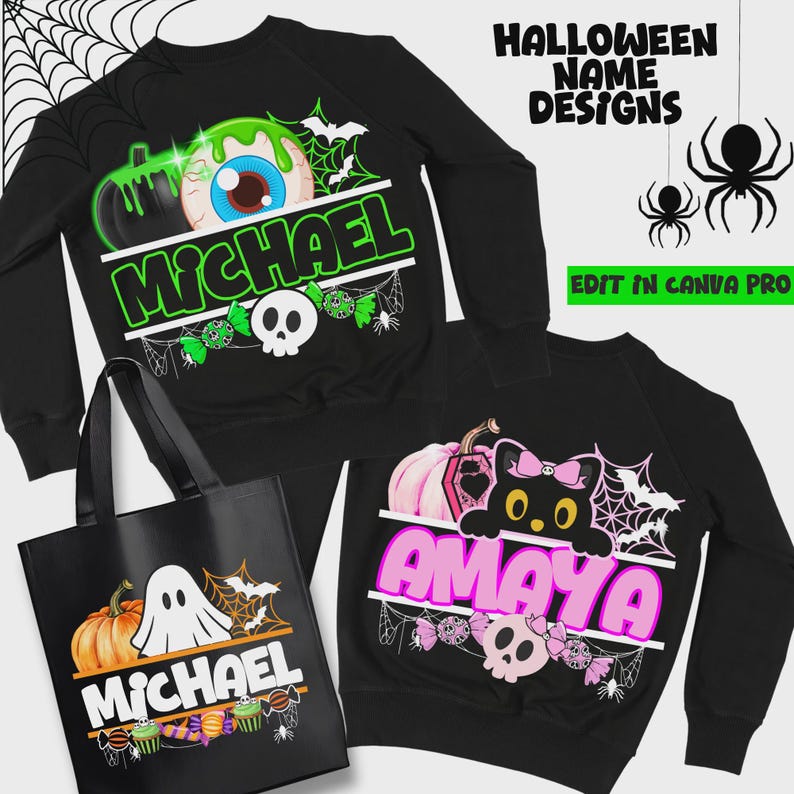 Halloween-tröjadesign | Halloween-namndesign | Halloween-mångsidigt namndesignpaket | Set med 15 anpassningsbara Canva-mallar bild 8