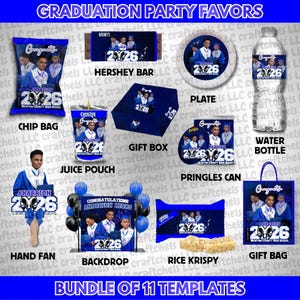 Blue Graduation Party Favor Canva Template Bundle | 11 Editable Templates | Chip Bag, Juice Pouch, Candy Wrapper, Gift Bag image 1