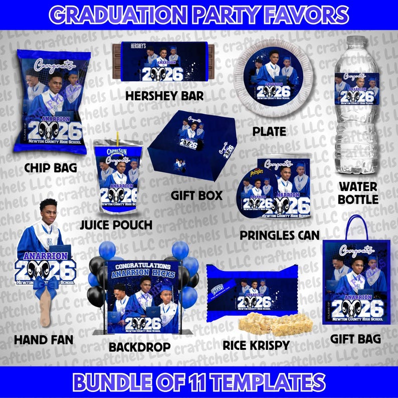 Blue Graduation Party Favor Canva Template Bundle | 11 Editable Templates | Chip Bag, Juice Pouch, Candy Wrapper, Gift Bag image 1