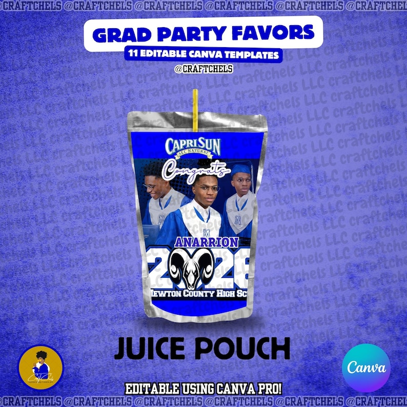 Blue Graduation Party Favor Canva Template Bundle | 11 Editable Templates | Chip Bag, Juice Pouch, Candy Wrapper, Gift Bag image 8