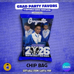 Blue Graduation Party Favor Canva Template Bundle | 11 Editable Templates | Chip Bag, Juice Pouch, Candy Wrapper, Gift Bag image 7