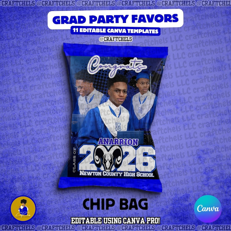 Blue Graduation Party Favor Canva Template Bundle | 11 Editable Templates | Chip Bag, Juice Pouch, Candy Wrapper, Gift Bag image 7