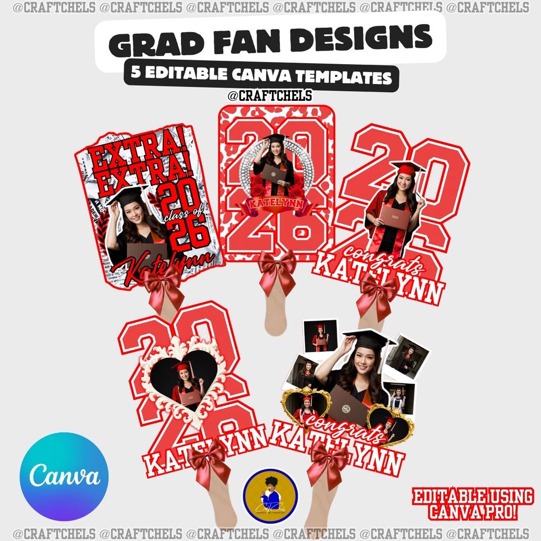 Red Grad Fan Template | Graduation Fans Canva Template – Set of 5 ...