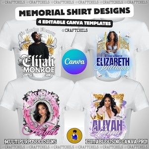 May include: White t-shirts with memorial designs. Each shirt features a portrait and name, with phrases like "In Loving Memory" and "Rest in Peace." The designs include the names Elijah Monroe, Elizabeth Williams, and Aaliyah. The text "Memorial Shirt Designs" is at the top.