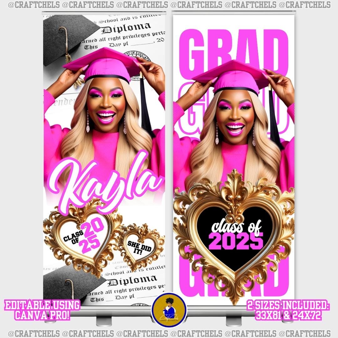 Graduation Pink Pattern Border Pink Graduation Retractable Banner Templates | 2 Designs, 2 Sizes ...