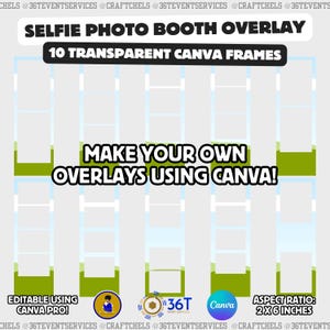 Puede incluir: Un diseño digital para una superposición de fotomatón selfie, con 10 marcos transparentes de Canva. El diseño incluye el texto "Selfie Photo Booth Overlay", "Make Your Own Overlays Using Canva!" y "Aspect Ratio: 5.08 x 15.24 cm."