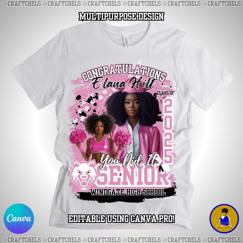 May include: White t-shirt with a pink and black design featuring the text "CONGRATULATIONS Elana Hill" and "SENIOR". Includes images of a woman in a graduation gown and a cheerleader. The shirt also has the text "WINDGATE HIGH SCHOOL".