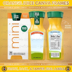 Può includere: Cornici Canva per succo d'arancia con etichette anteriori, posteriori e di sicurezza. L'immagine mostra un cartone e bottiglie di mini succo d'arancia. Le bottiglie sono etichettate come senza polpa, ricche di vitamina C e senza zuccheri aggiunti. Il cartone ha il testo "mini" e "100 calorie".