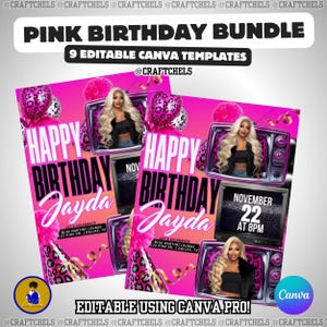 K&ouml;nnte beinhalten: Rosa Geburtstagspaket-Vorlage mit dem Text "Pink Birthday Bundle" und "9 Editable Canva Templates". Das Design enth&auml;lt das Bild einer Frau, Partyh&uuml;te und Luftballons. Der Text "Happy Birthday Jayda" ist ebenfalls sichtbar.