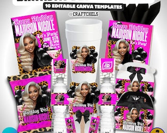 Hot Pink Martini Birthday Bundle | 10 Editable Canva Templates | Leopard Print Party Set | Invitation, Cup, Shirt, Treat Labels | Canva Pro