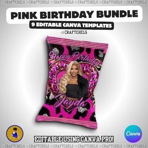 K&ouml;nnte beinhalten: Ein rosa Geburtstagspaket-Design mit dem Text "PINK BIRTHDAY BUNDLE" und "9 EDITABLE CANVA TEMPLATES". Das Design enth&auml;lt ein Foto einer Frau, die Worte "Happy Birthday" und den Namen "Jayda". Das Design ist mit Canva Pro bearbeitbar.