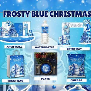 Frostigt blått julfestpaket | Julcanvasmall | Valv, entré, golvfolie, godispåse, vattenetikett, chips | Evenemangsdekor