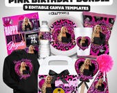 Pink Birthday Party Favors | Bundle of 9 Editable Canva Templates | Plate, Water Bottle, Gable Box, Party Hat, Cup Fan Invite Shirt Chip Bag