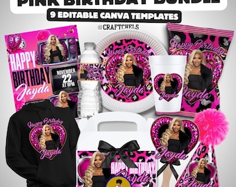 May include: A pink birthday party bundle with the text "Pink Birthday Bundle" and "9 Editable Canva Templates". The bundle includes a black hoodie, party favors, a water bottle, a plate, a cup, and a party hat. The text "Happy Birthday Jayda" is visible.