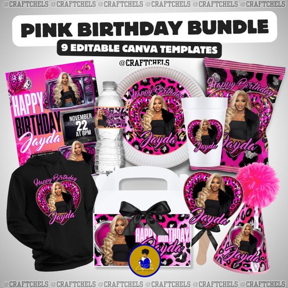 Pink Birthday Party Favors | Bundle of 9 Editable Canva Templates | Plate, Water Bottle, Gable Box, Party Hat, Cup Fan Invite Shirt Chip Bag