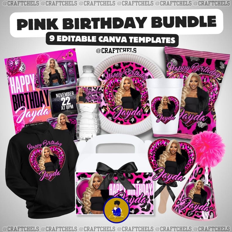 K&ouml;nnte beinhalten: Ein pinkfarbenes Geburtstags-Party-Bundle mit dem Text "Pink Birthday Bundle" und "9 Editable Canva Templates". Das Bundle enth&auml;lt einen schwarzen Hoodie, Partygeschenke, eine Wasserflasche, einen Teller, einen Becher und eine Partyh&uuml;tchen. Der Text "Happy Birthday Jayda" ist sichtbar.