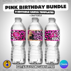 K&ouml;nnte beinhalten: Drei klare Wasserflaschen mit rosa und schwarzen Leopardenmuster-Etiketten. Die Etiketten lauten "Pink Birthday Bundle" und "9 Editable Canva Templates". Ein Etikett sagt "Thanks for coming!" und ein anderes sagt "Jayda's Birthday."