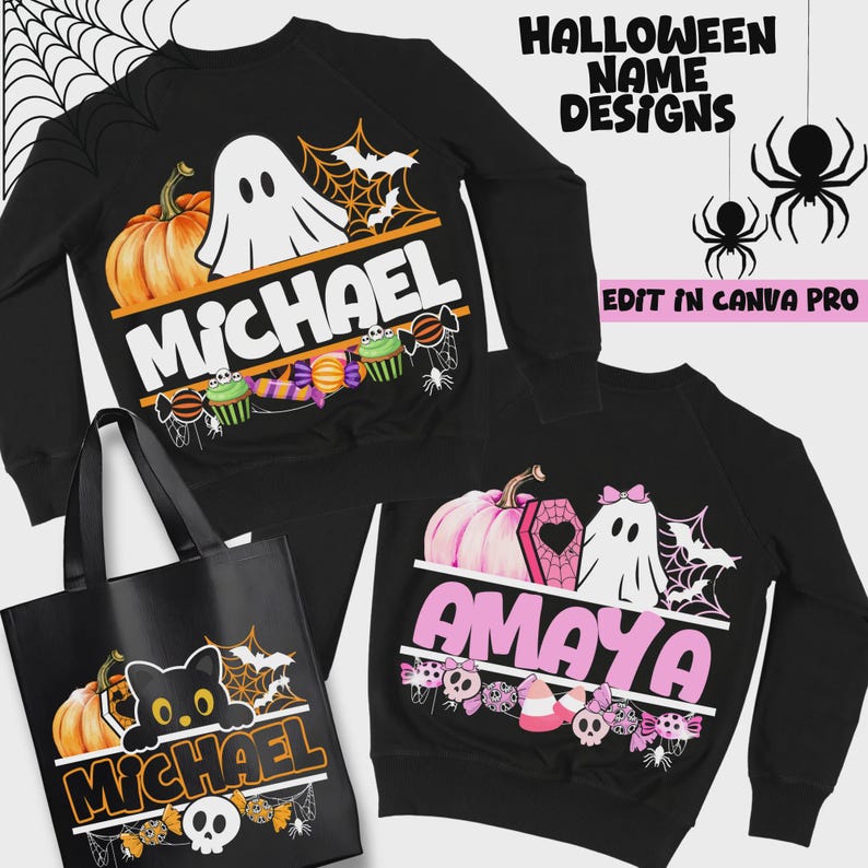 Halloween-tröjadesign | Halloween-namndesign | Halloween-mångsidigt namndesignpaket | Set med 15 anpassningsbara Canva-mallar bild 9