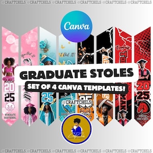 Grad Stole Template | Graduation Stole Canva Template | Set of 4 Editable Digital Stoles | Custom Grad Stole Design | Editable Grad Stole