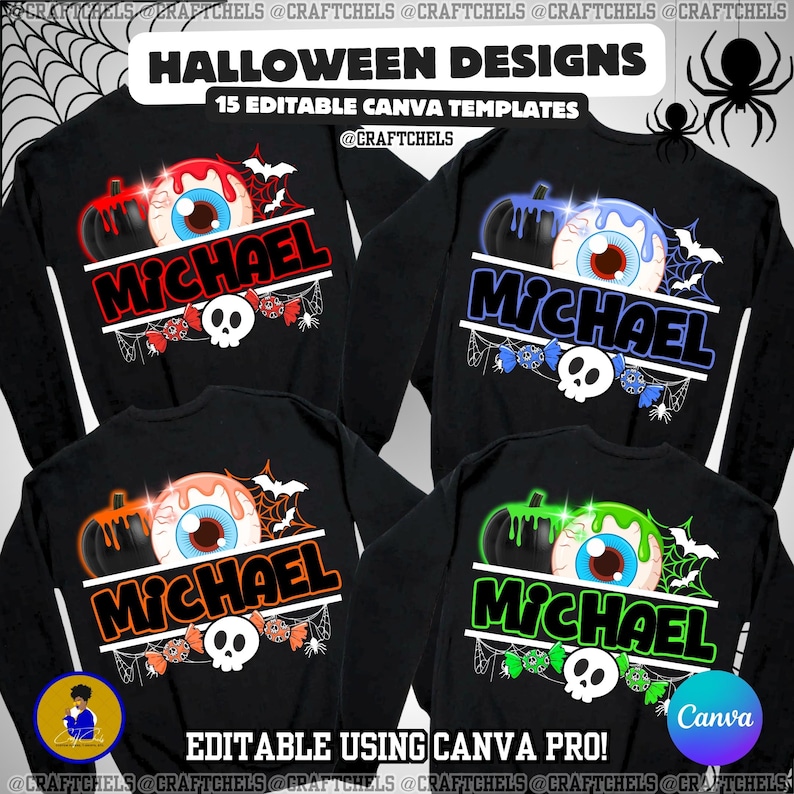 Halloween-tröjadesign | Halloween-namndesign | Halloween-mångsidigt namndesignpaket | Set med 15 anpassningsbara Canva-mallar bild 2