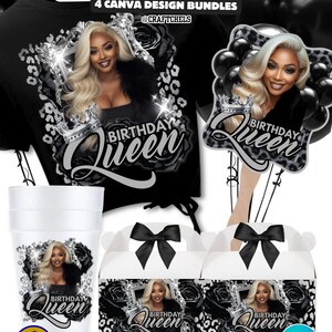 May include: A collection of birthday design bundles featuring a woman with blonde hair and the text "Birthday Queen." The designs include a t-shirt, a balloon cutout, a cup, and gift boxes. The designs are multipurpose and editable using Canva Pro.