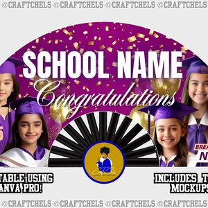Op de afbeelding: Een paarse en gouden afstudeerfan met confetti en ballonnen. De fan heeft de tekst "SCHOOL NAME Congratulations" en "GRAD CONGRATS 2025".
